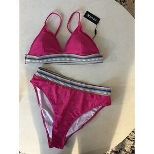 AIMAGE Hot Pink High Waisted Bikini Set Multi Color Striped Band XL NEW